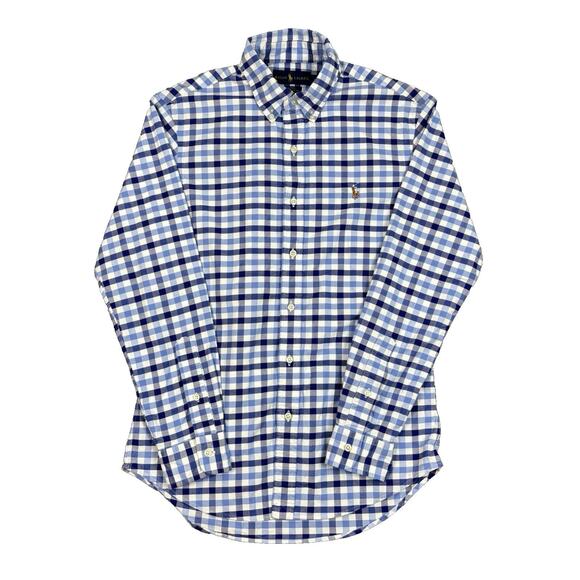 Ralph Lauren Slim Fit Stretch Oxford Shirt Men M Blue White Check Flesh Pony - Picture 1 of 8